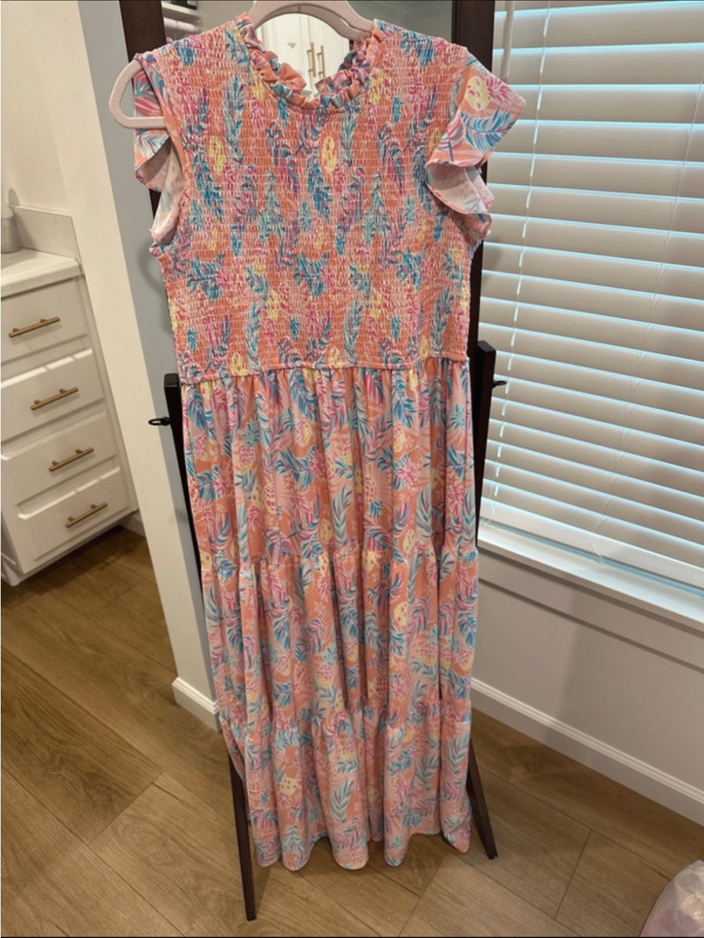 Simply Southern Pink Pastel Floral Maxi Dress with Blue and Yellow Accents